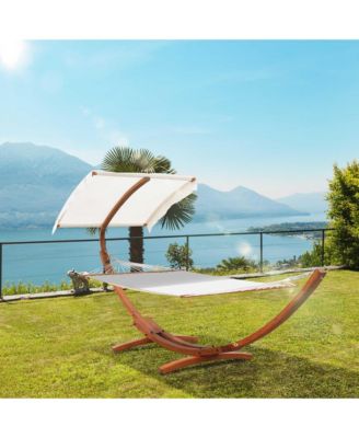 13FT Wooden Arc Hammock with Canopy, Outdoor Hammock Bed with Wood Arc Stand for Patio Balcony Garden Backyard, White