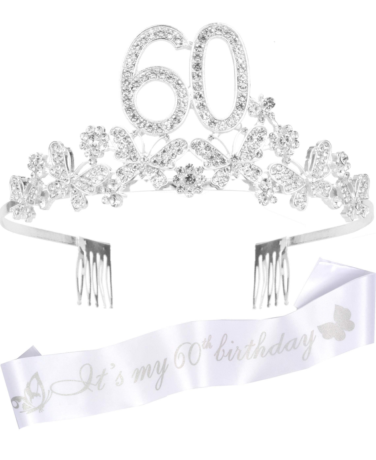 Doradreamdeko 60th Birthday Sash and Tiara for Women - Fabulous Glitter Sash + Butterflies Rhinestone Silver Premium Metal Tiara for Her, 60th Birthda