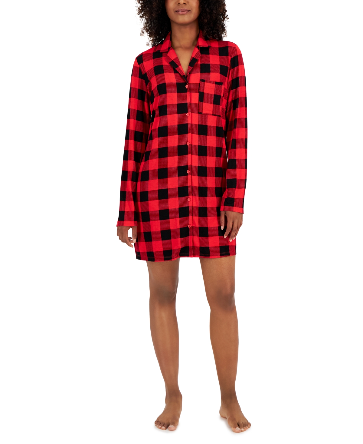 Women's Notched-Collar Long-Sleeve Sleepshirt, Created for Macy's - Buffalo Check
