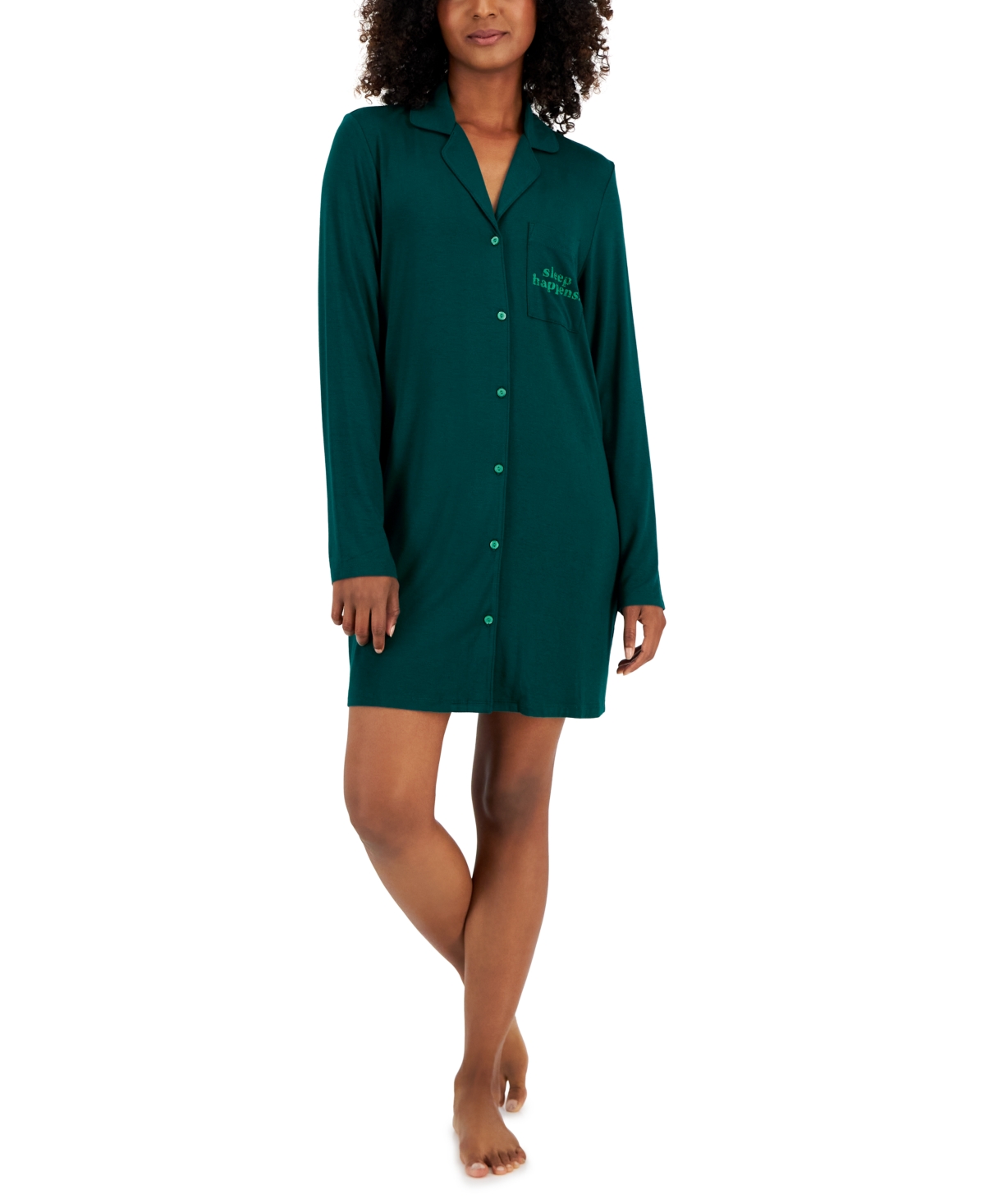 Women's Notched-Collar Long-Sleeve Sleepshirt, Created for Macy's - Smiley