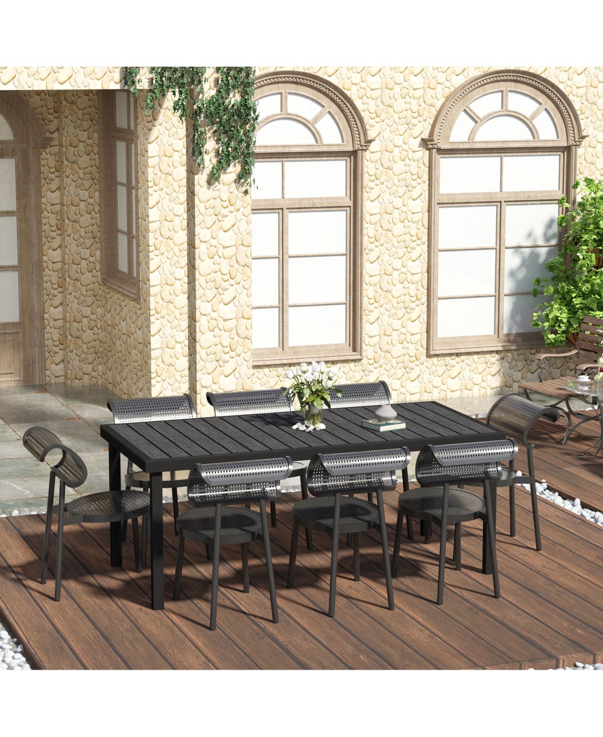 Outsunny Outdoor Dining Table for 8 Person, Rectangular, Aluminum Metal Legs for Garden, Lawn, Patio, Woodgra- Black