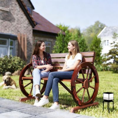 Wooden Wagon Wheel Bench, 2-Person W/ Slatted Seat,
