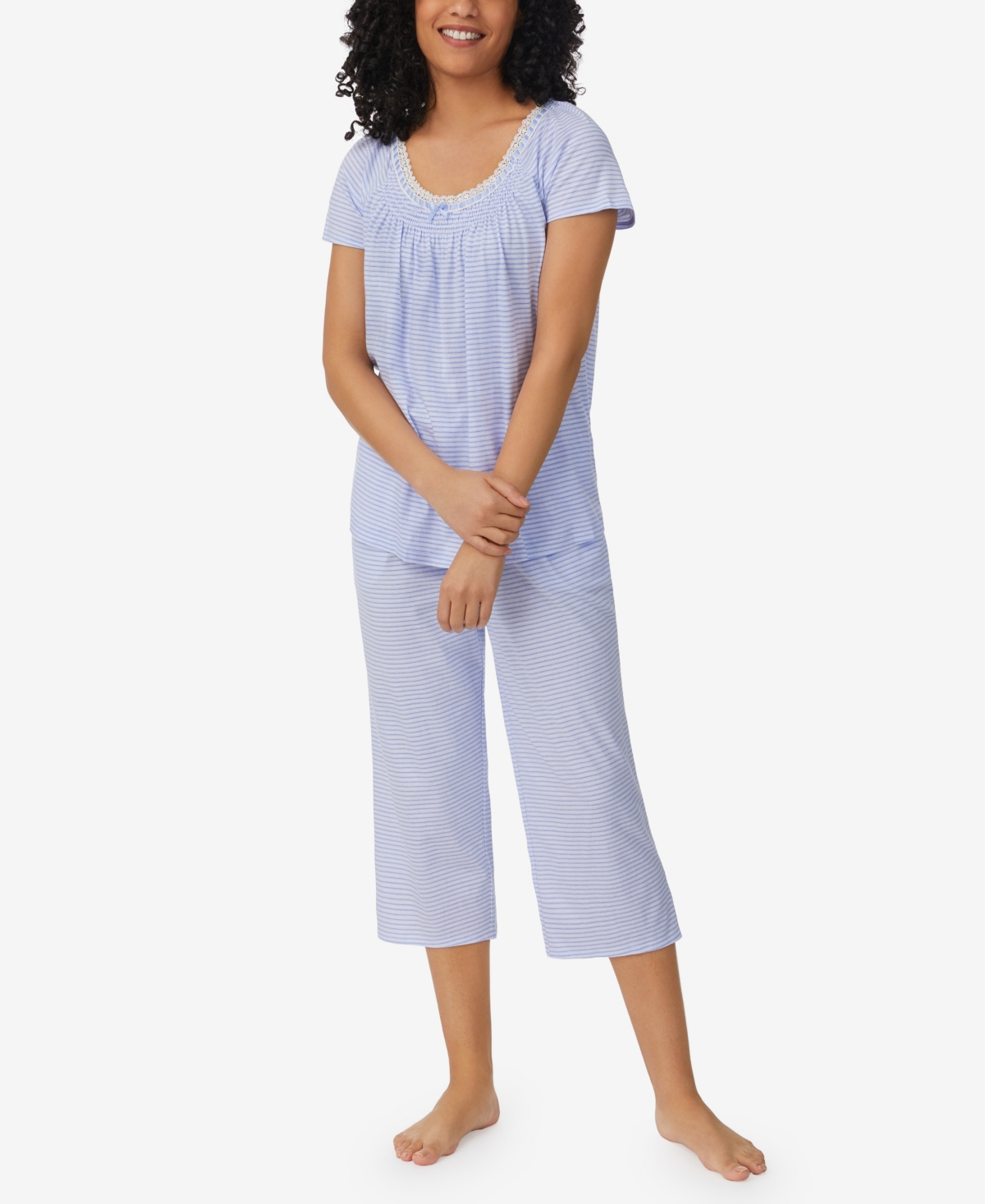 Aria Women's Cap Sleeve Capri 2 Piece Pajama Set In Blue Stripe