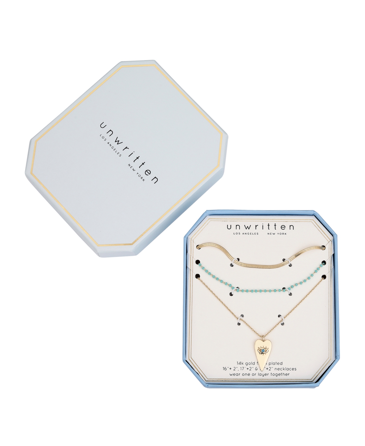 Unwritten 14kFlash Plated Reconstituted Turquoise Stone and Evil Eye Heart Layered Pendant Necklaces, 3 Piece Set - Gold