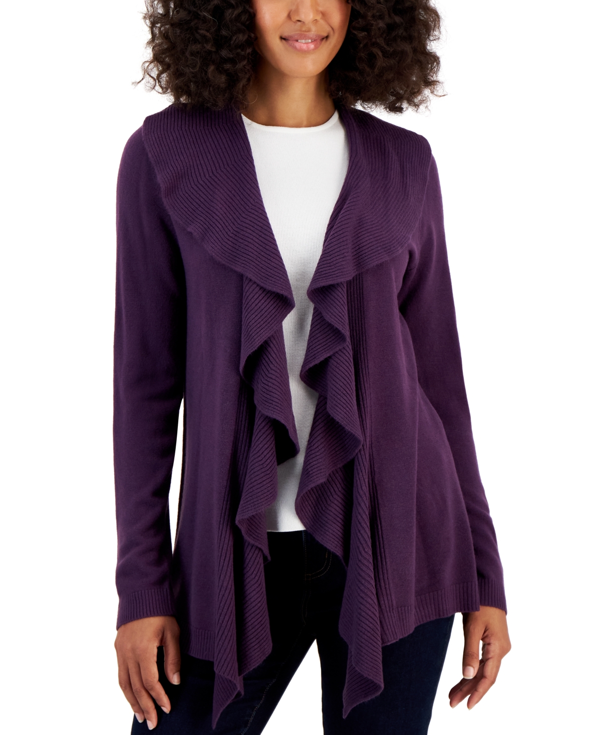 Karen Scott Women's Ruffle Long Cardigan, Created For Macy's In Purple Dynasty