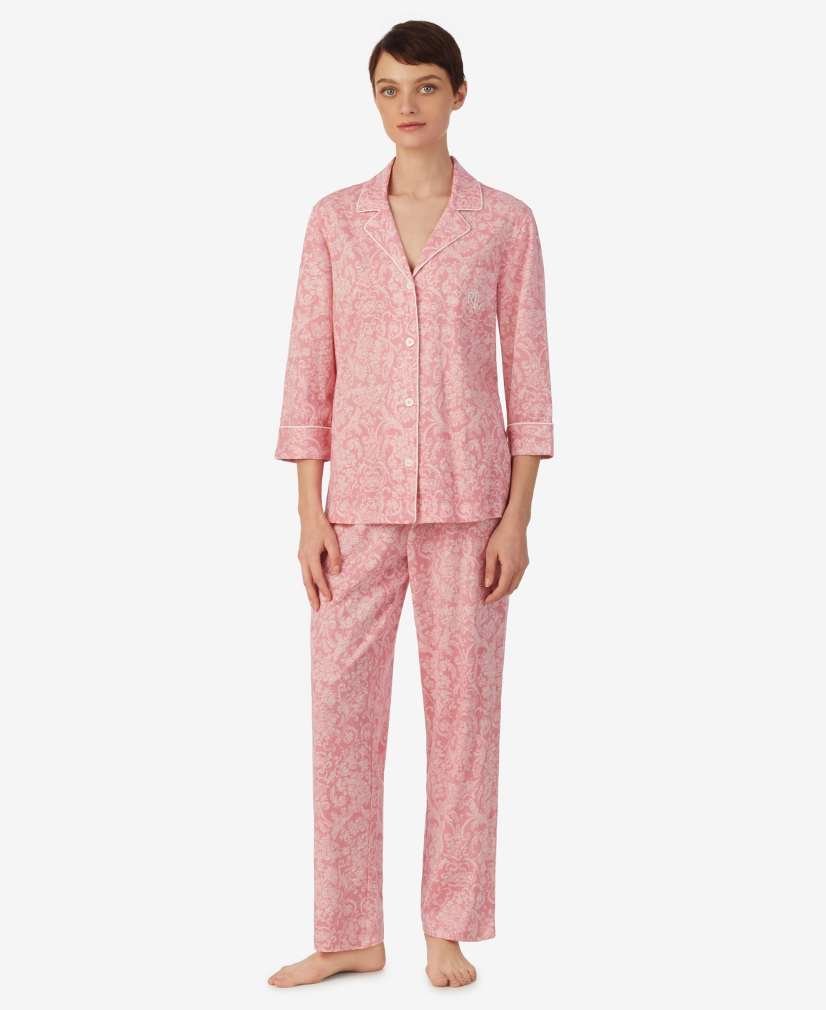 Shop Ralph Lauren Women's 3/4 Sleeve Notch Collar Long Pants 2 Piece Pajama Set In Pink Paisley
