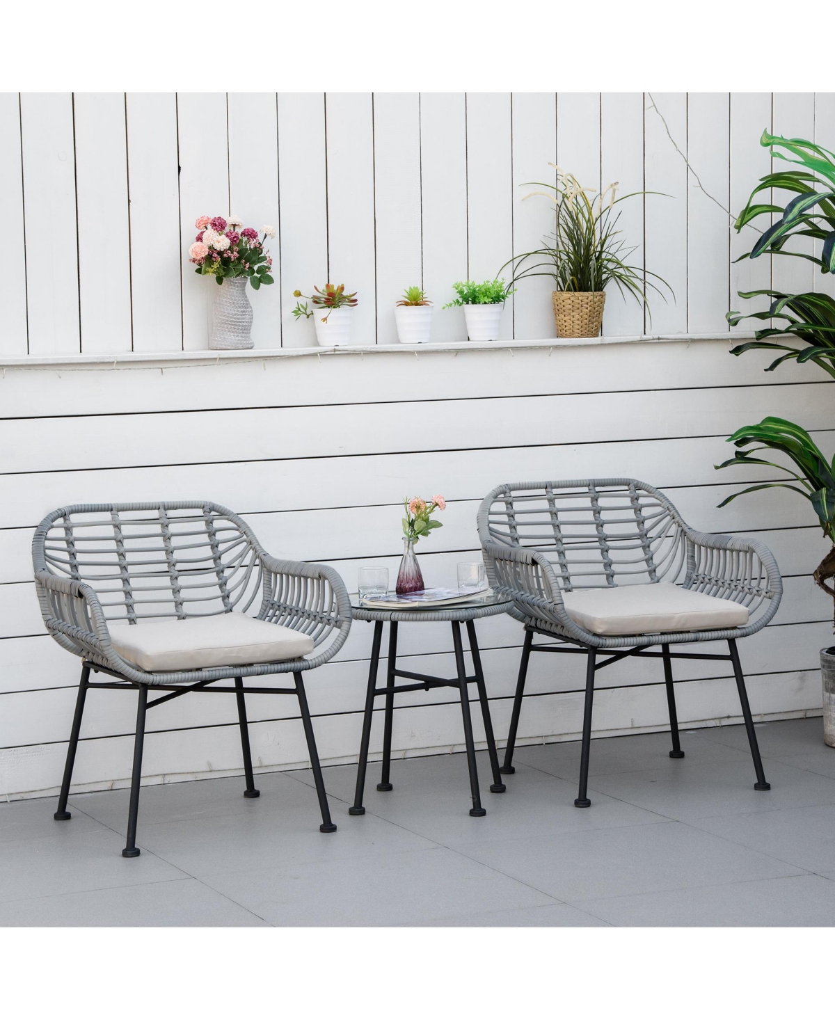 Outsunny 3-Piece Patio Conversation Bistro Set, Outdoor Wicker Furniture with Round Tempered Glass Top Table & 2 Rattan Armchairs for Garden, or Backy