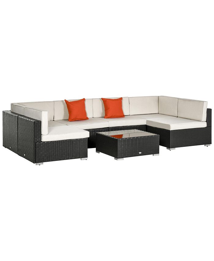 Outsunny 7 Piece Outdoor Patio Conversation Wicker Sofa Set with 6 Cushioned Sectionals & 1