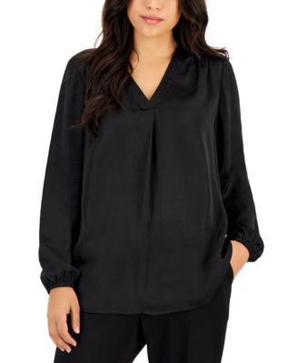 AK Anne Klein - Petite Long-Sleeve V-Neck Pleated-Front Blouse
