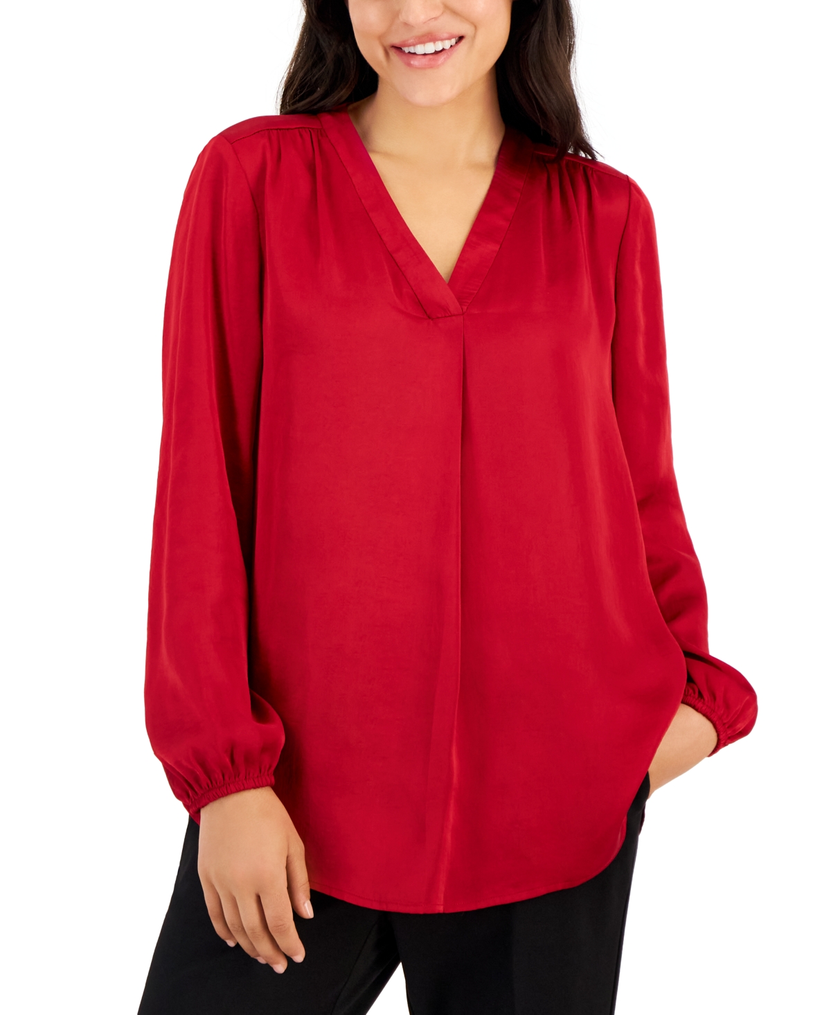 Ak Anne Klein Petite Long-sleeve V-neck Pleated-front Blouse In Titian Red Solid