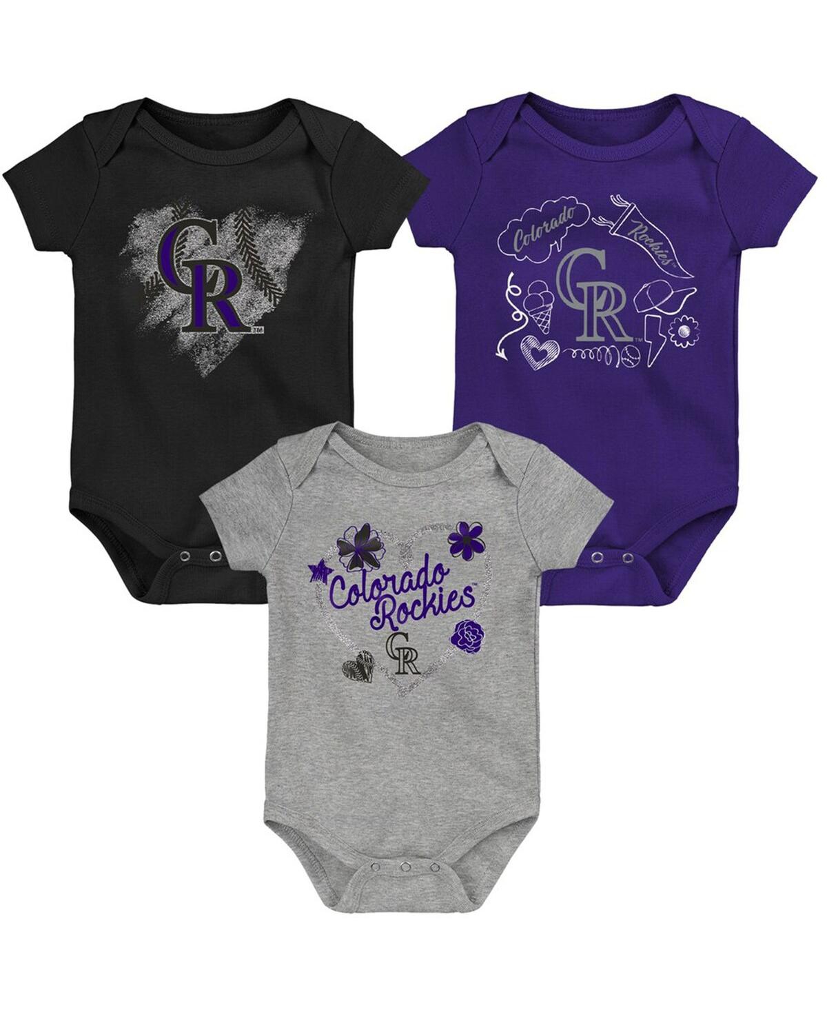 Girls Newborn and Infant Purple, Heathered Gray Colorado Rockies 3-Pack Batter Up Bodysuit Set - Purple, Heathered Gray