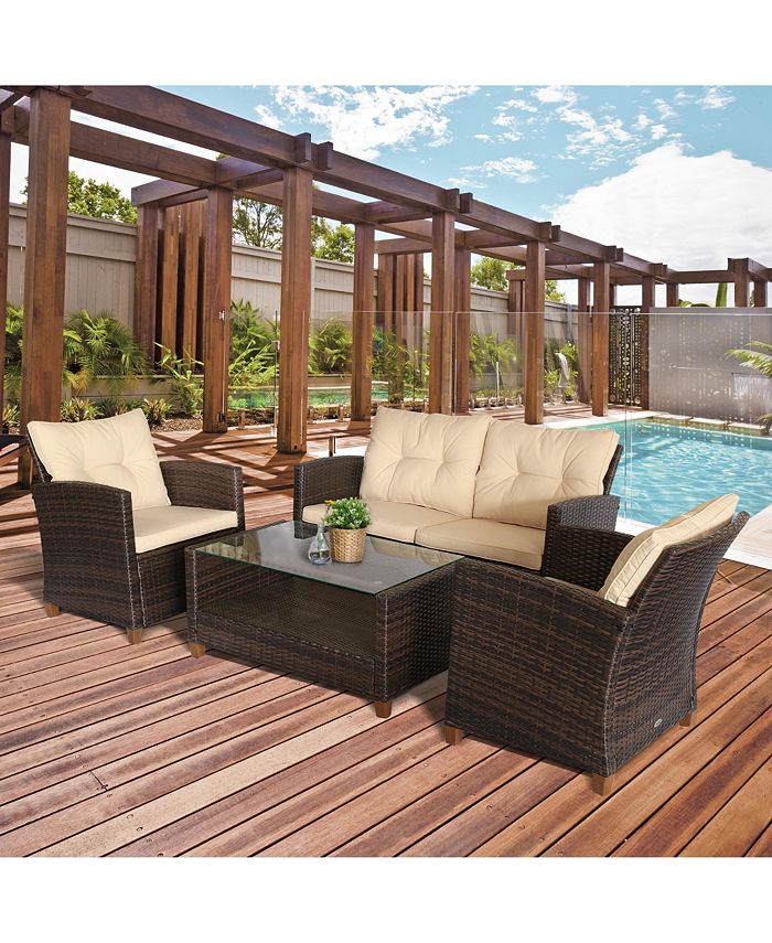 Outsunny 4 Pieces Patio Furniture Sets Rattan Wicker Chair w/ Table