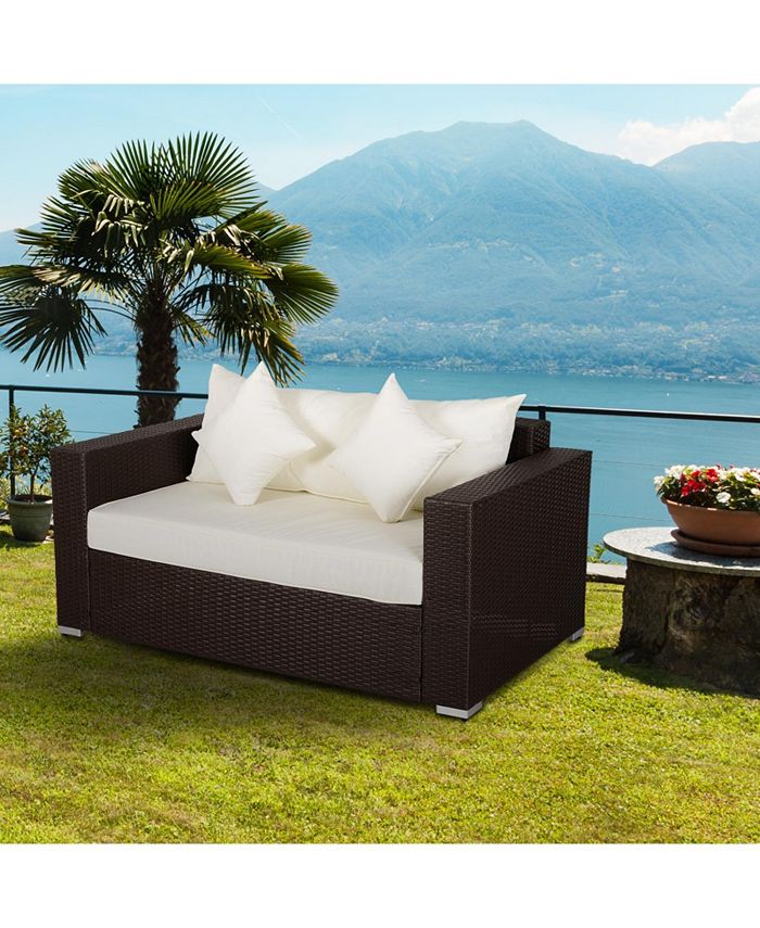Outsunny Patio Outdoor Sofa, PE Rattan Wicker Loveseat, Outdoor Couch with 2 Throw Pillows