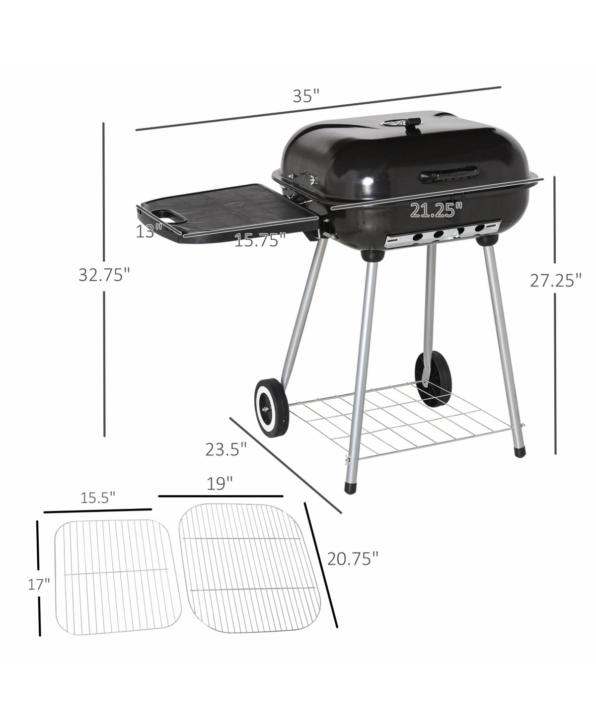 Outsunny 38'' Steel Charcoal Grill with Portable Wheel, Side Tray and Lower Shelf for Outdoor Bbq for Garden, Backyard, Poolside