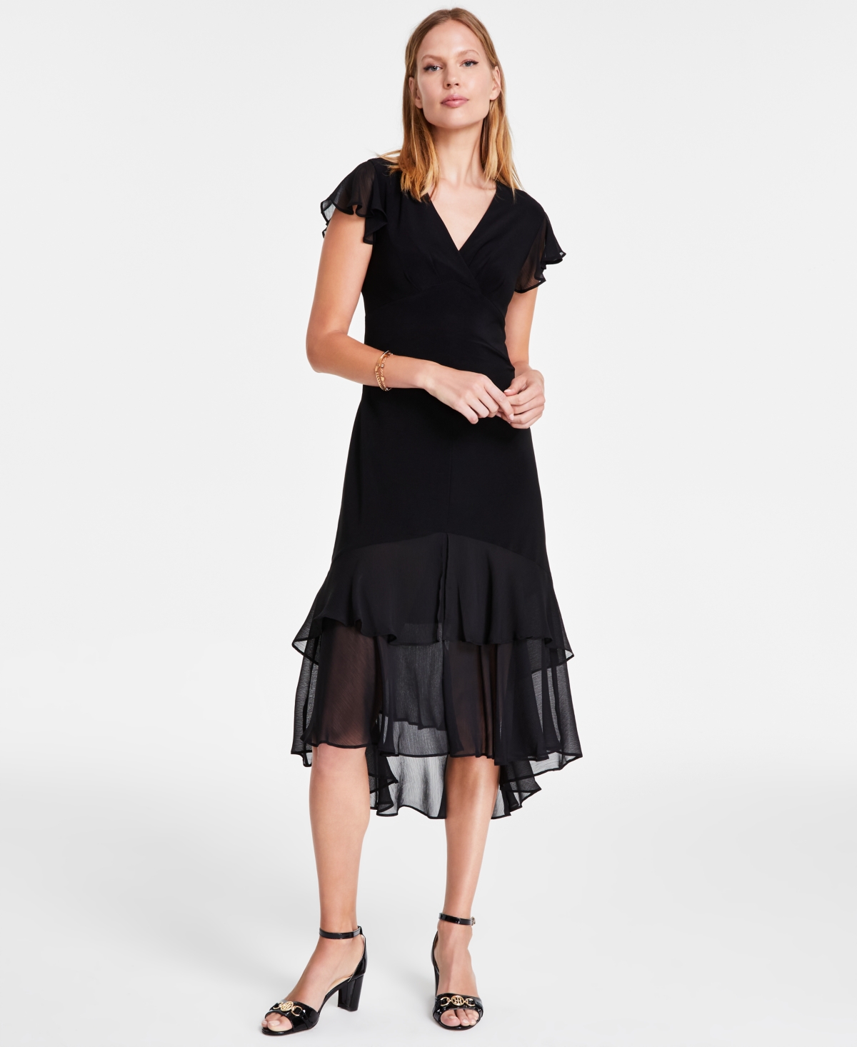 Buy Boardwalk Empire Inspired Dresses Tommy Hilfiger Womens V-Neck How-Low Hem Chiffon-Trim Dress $83.30 AT vintagedancer.com