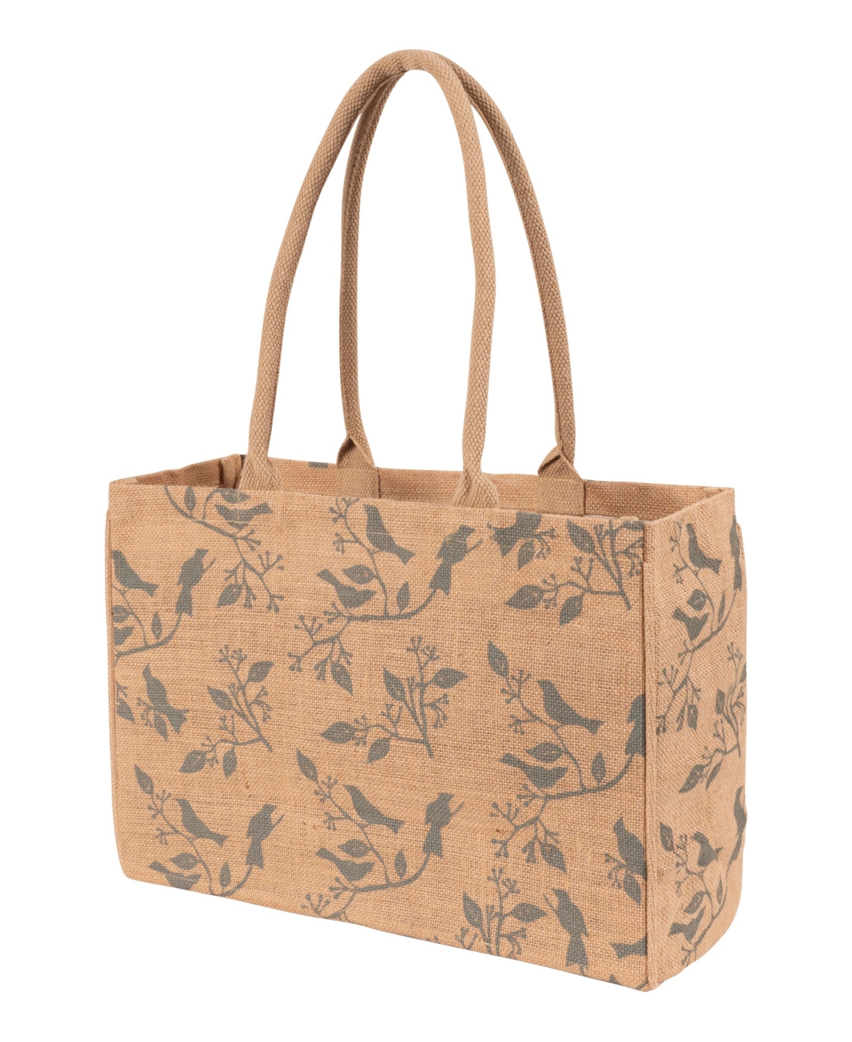 Jute Market Tote Bag with Birds Print - Beige