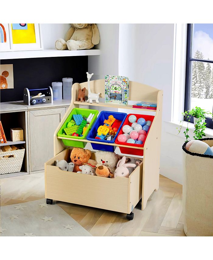 Costway Kids Wooden Toy Storage Unit Organizer w/Rolling Toy Box
