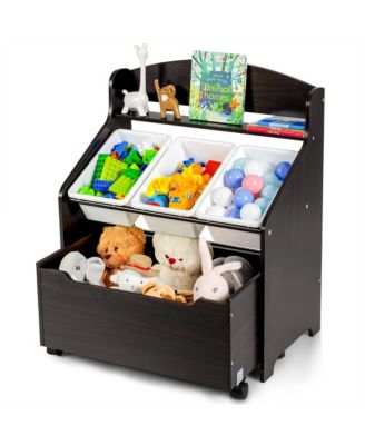 Kids Wooden Toy Storage Unit Organizer w/Rolling Toy Box & Plastic Bins