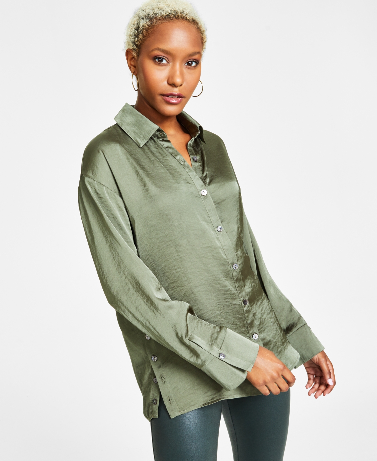 Bar Iii Women's Shine Button-up Blouse, Created For Macy's In Dusty Olive