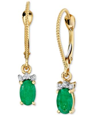 Macy's - Emerald (1 ct. t.w.) & Diamond (1/20 ct. t.w.) Leverback Drop Earrings in 14k Gold