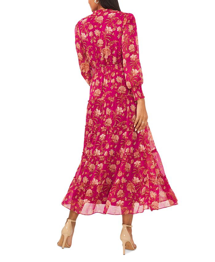 Women's Printed Maroon Smocked Maxi Dress