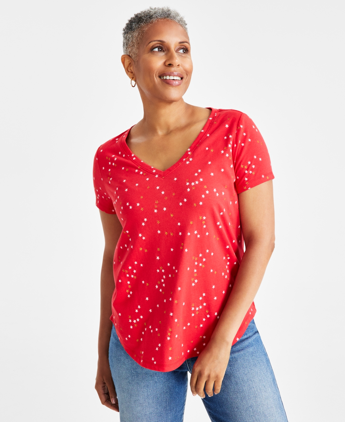 Style & Co Women's Printed V-neck T-shirt, Created For Macy's In Red Star
