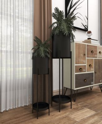 Black Metal Indoor Outdoor Planter with Removable Stand Set of 2 