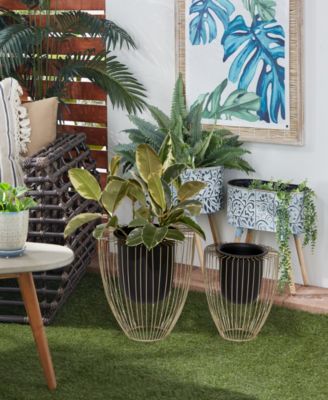 Black Metal Indoor Outdoor Planter with Removable Gold-Tone Wire Stand Set of 2