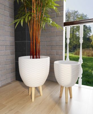 White Ceramic Indoor Outdoor Planter with Wood Legs Set of 2