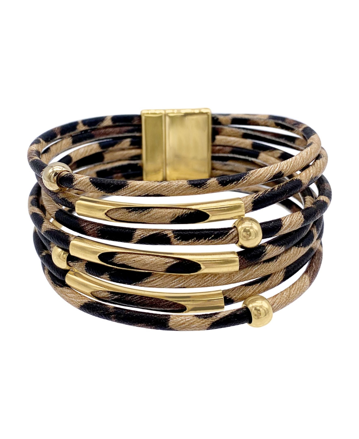 14K Gold Plated Multi Strand Leopard Print Bangle Bracelet - Brown