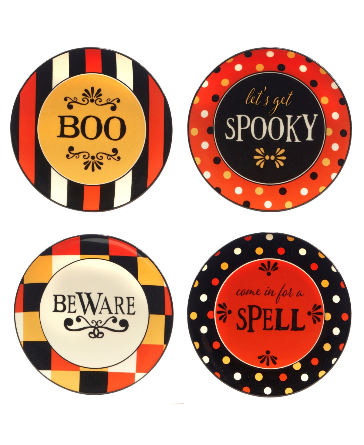 CERTIFIED INTERNATIONAL SPOOKY HALLOWEEN SET OF 4 CANAPE PLATES, SERVICE FOR 4