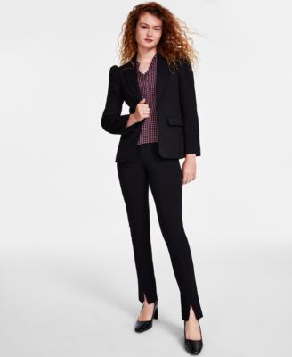 Womens Puff Shoulder Open Front Long Sleeve Blazer Soft Texture V Neck Button Front Blouse Front Slit Straight Leg Pull On Ponte Pants