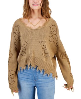 Juniors' Teddy Bear Print Destroyed-Edge Sweater