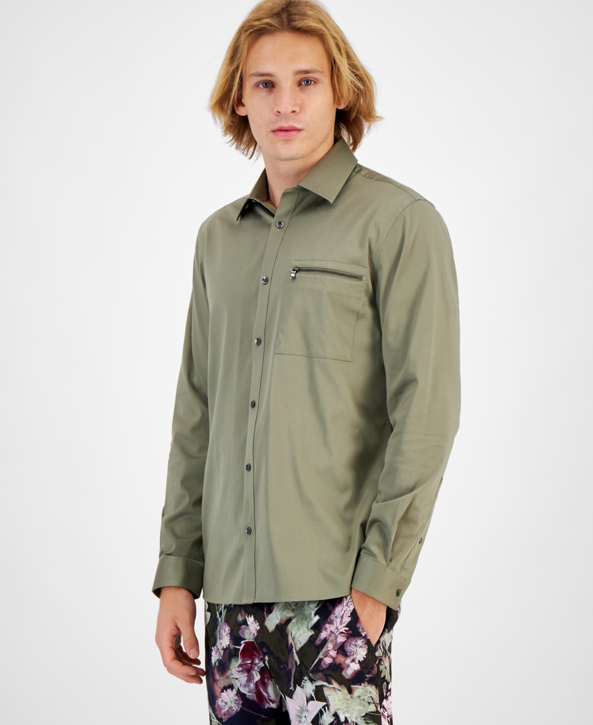 Inc International Concepts Men's Jared Regular-fit Sateen Shirt, Created For Macy's In Green Tea Leaf