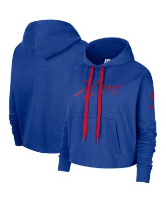 Women's Royal Philadelphia 76ers Split Flip Courtside Cropped Pullover Hoodie