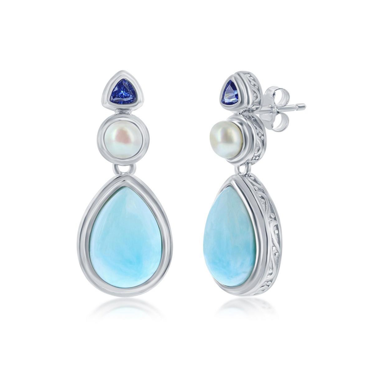 Sterling Silver Pearshaped Larimar with Fwp & Tanzanite Cz Earrings - Blue