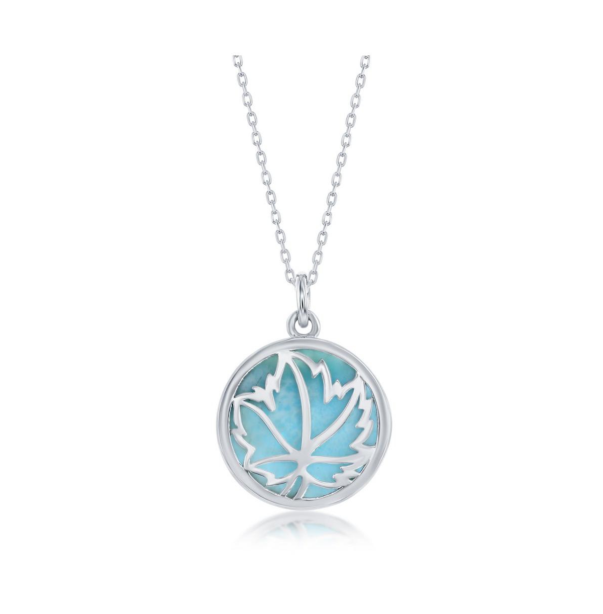 Sterling Silver Leaf Round Larimar Necklace - Blue