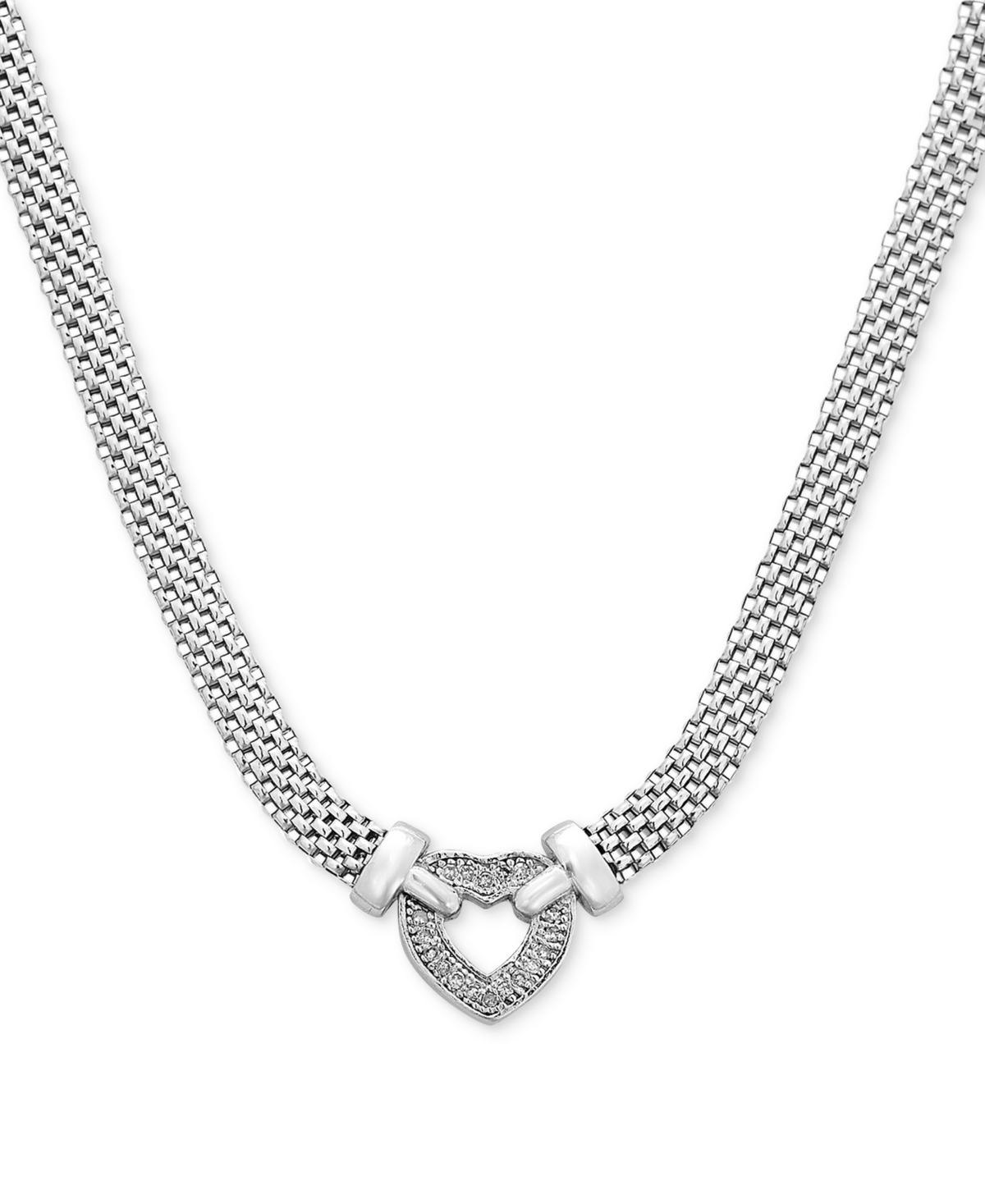 Macy's Diamond Heart Mesh 18" Pendant Necklace (1/8 Ct. T.w.) In Sterling Silver