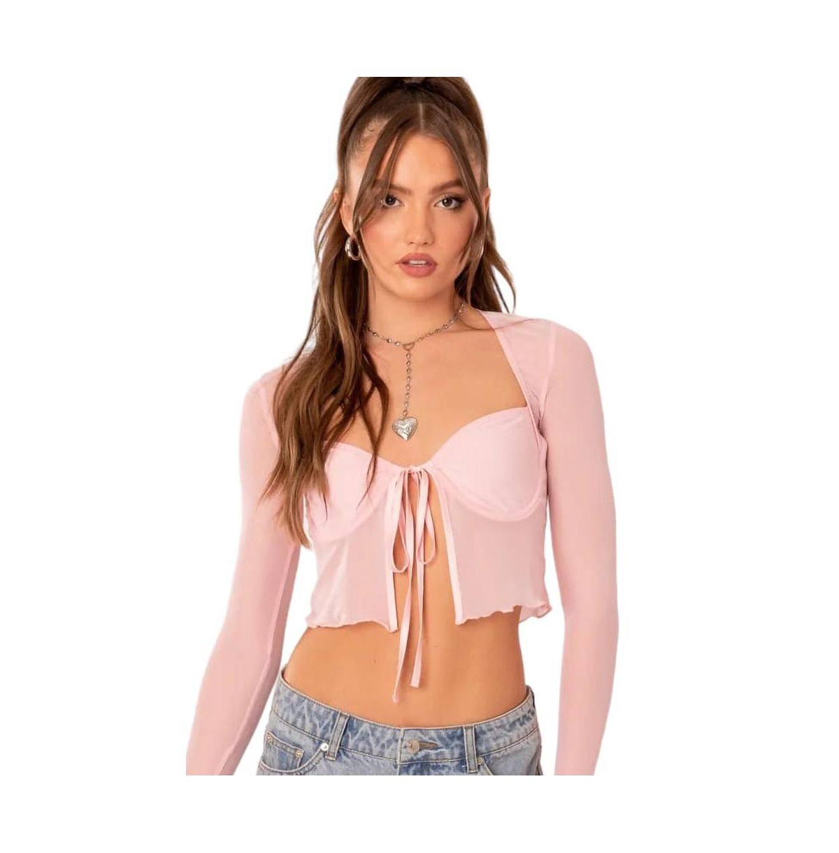 Women's Long Sleeve Mesh Top With Cups & Tie At Front - Light-pink