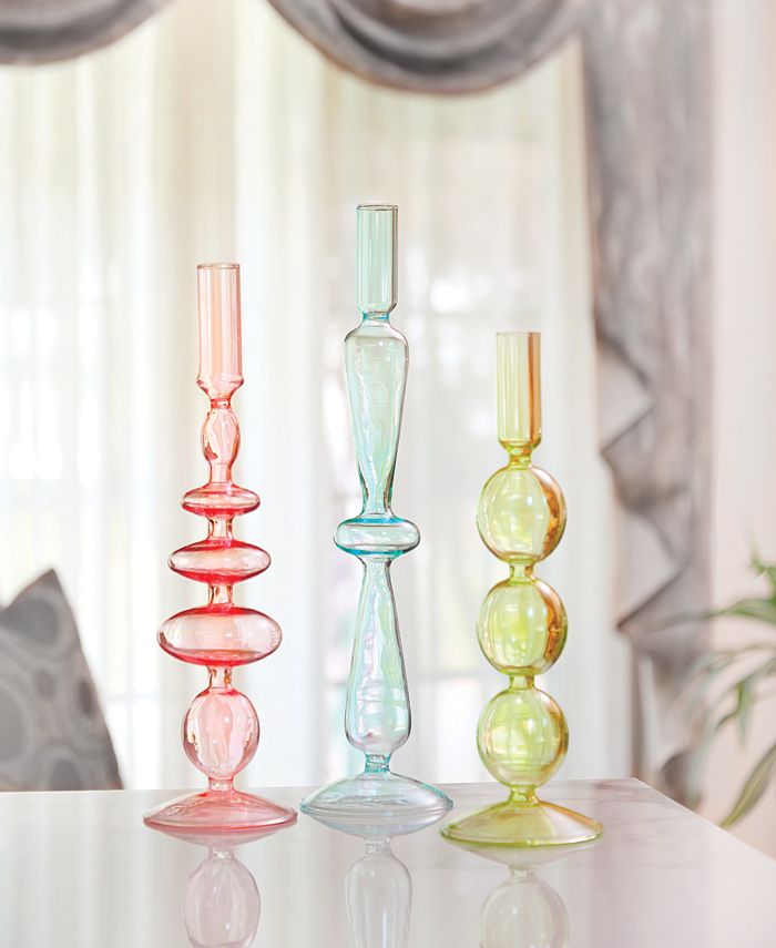 Qualia Glass Aurora Glass 3 Piece 9.5", 11", 12" Tall Assorted Color Candlesticks Macy's