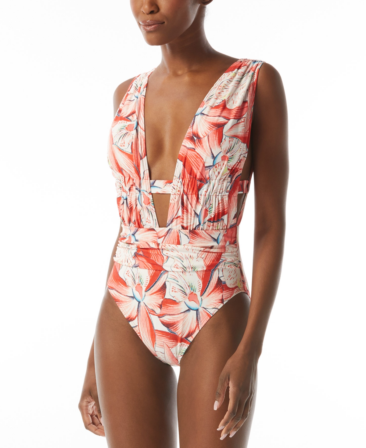 CARMEN MARC VALVO WOMEN'S PRINTED PLUNGE-NECK RUCHED ONE-PIECE SWIMSUIT