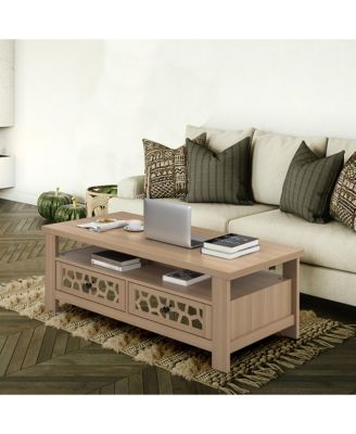 Coffee Table with2 Drawers & Open Shelf Modern Rectangular Wood