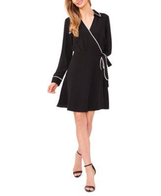 CeCe - Women's Collared Wrap-Tie Contrast Trim Dress