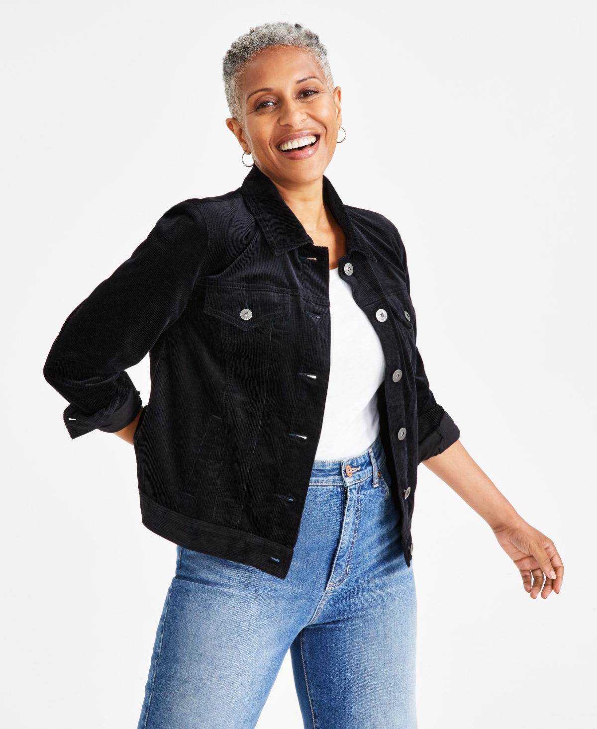 Style & Co Women's Corduroy Classic Long-sleeve Jacket, Created For Macy's In Deep Black