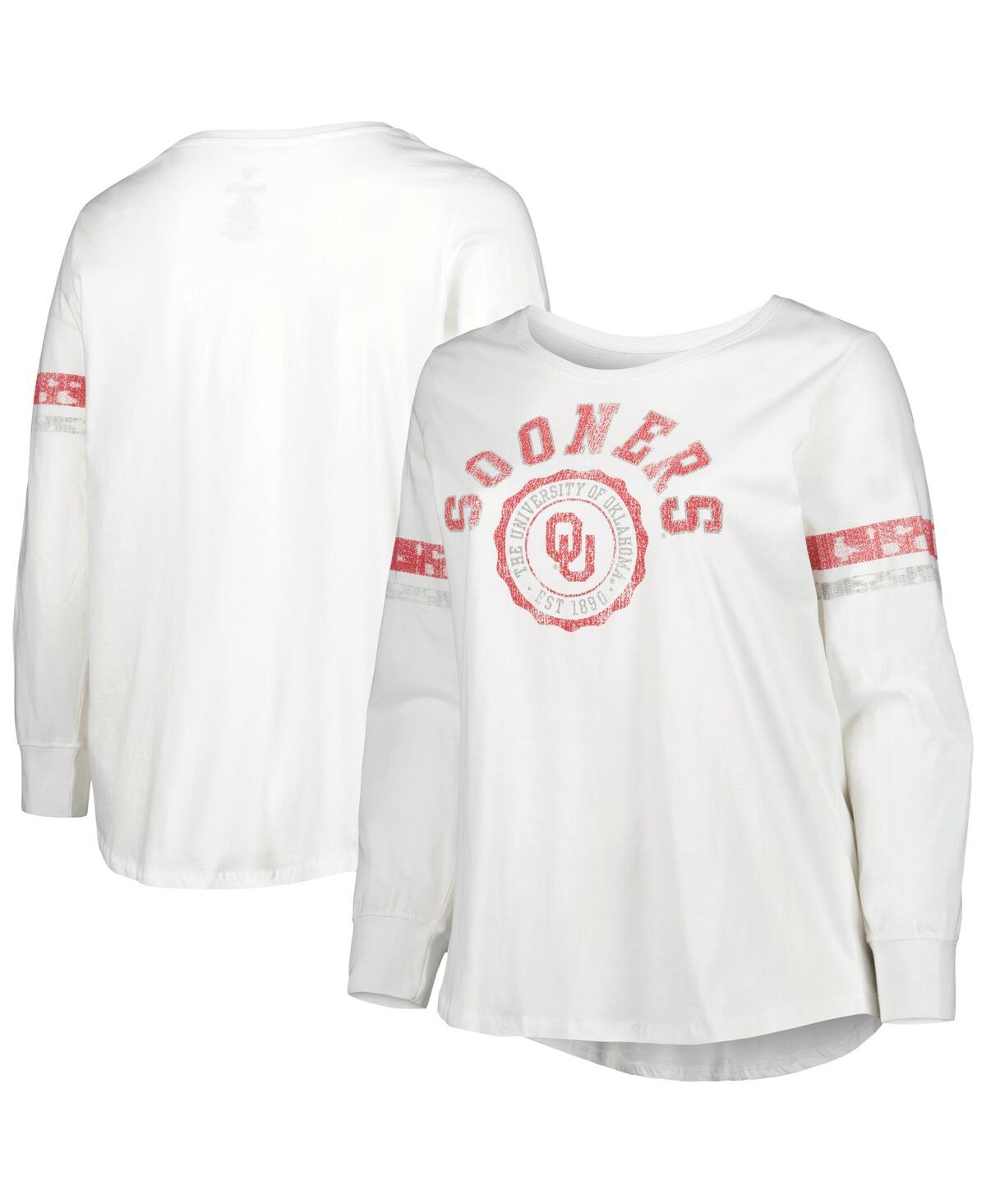 Shop Profile Women's White Oklahoma Sooners Contrast Stripe Plus Size Scoop Neck Long Sleeve T-shirt