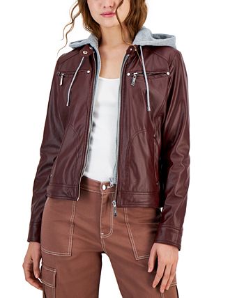 Juniors Faux Leather Hooded Moto Jacket Created for Macy s