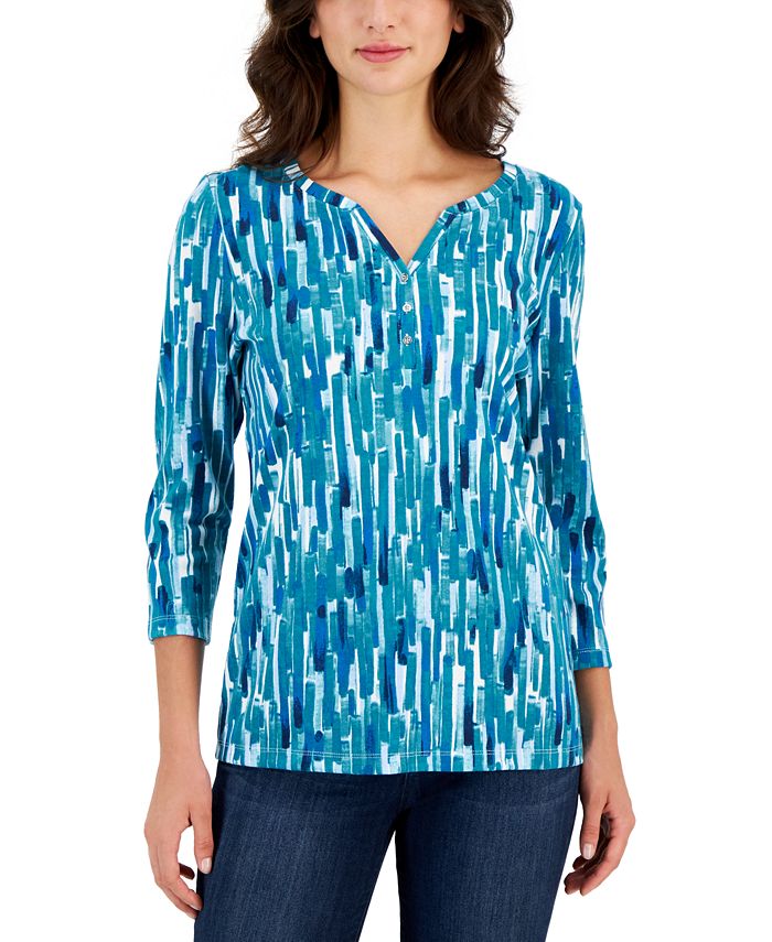Karen Scott Women's Cotton Henley-Neck 3/4-Sleeve Top, Created for Macy ...