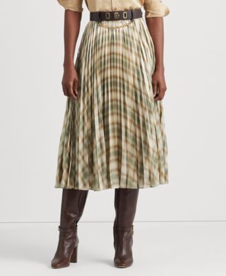로렌 랄프로렌 Lauren Ralph Lauren Womens Plaid Pleated Metallic Georgette Skirt,Cream/olive