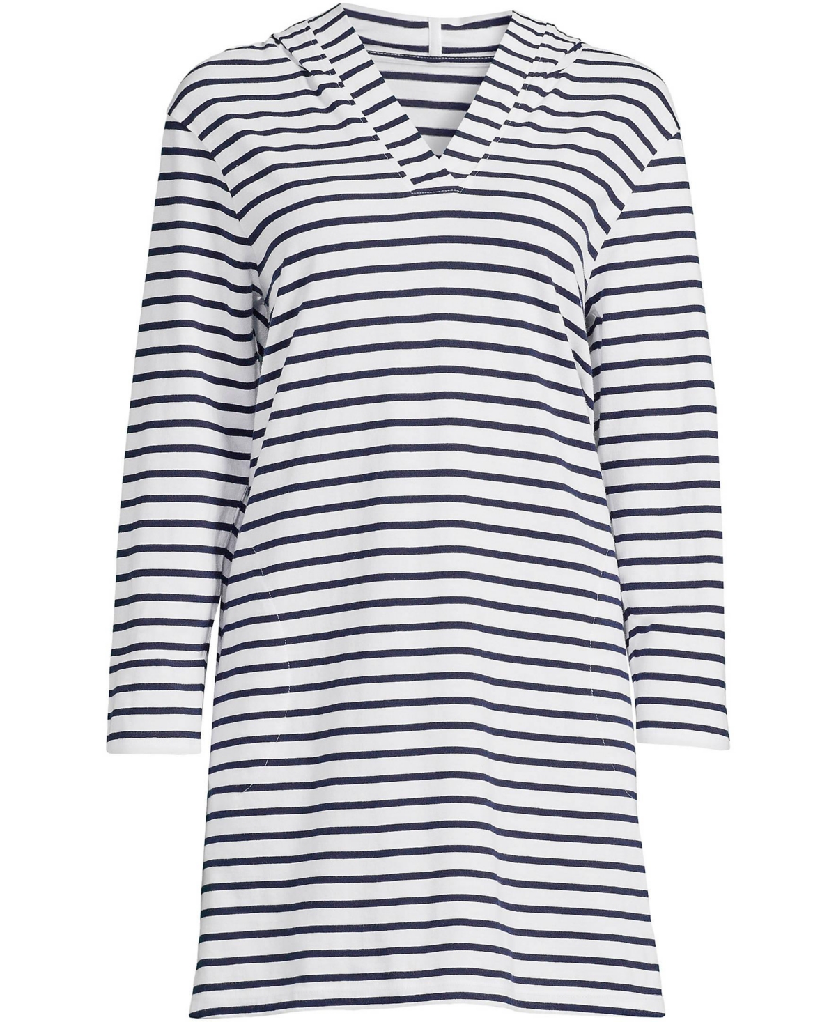 Lands' End Plus Size Cotton Jersey Long Sleeve Hooded Swim Cover-up Dress -deep sea stripe