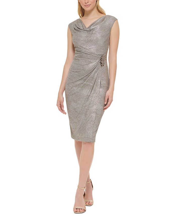 Jessica Howard Women's Foil-Knit Cowlneck Side-Beaded Dress - Macy's